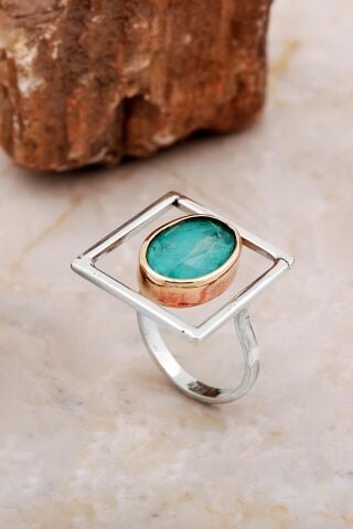 Yeşil Paraiba Taşlı Tasarım Kare Gümüş Yüzük 5859