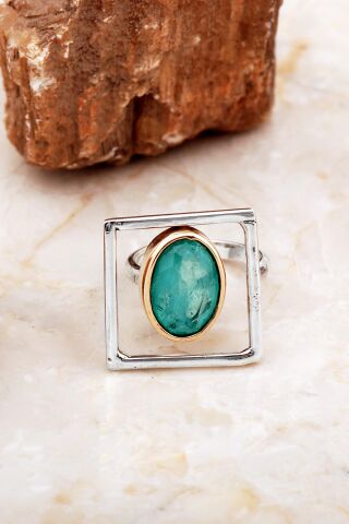 Yeşil Paraiba Taşlı Tasarım Kare Gümüş Yüzük 5859
