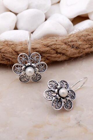 İncili Çiçek Telkari Elişi Gümüş Küpe 5785