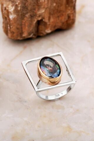 Mistik Topaz Taşlı Tasarım Kare Gümüş Yüzük 5860