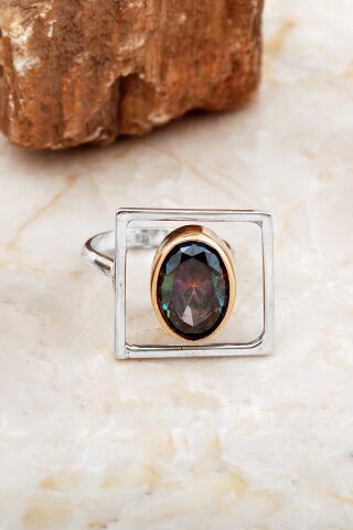 Mistik Topaz Taşlı Tasarım Kare Gümüş Yüzük 5860