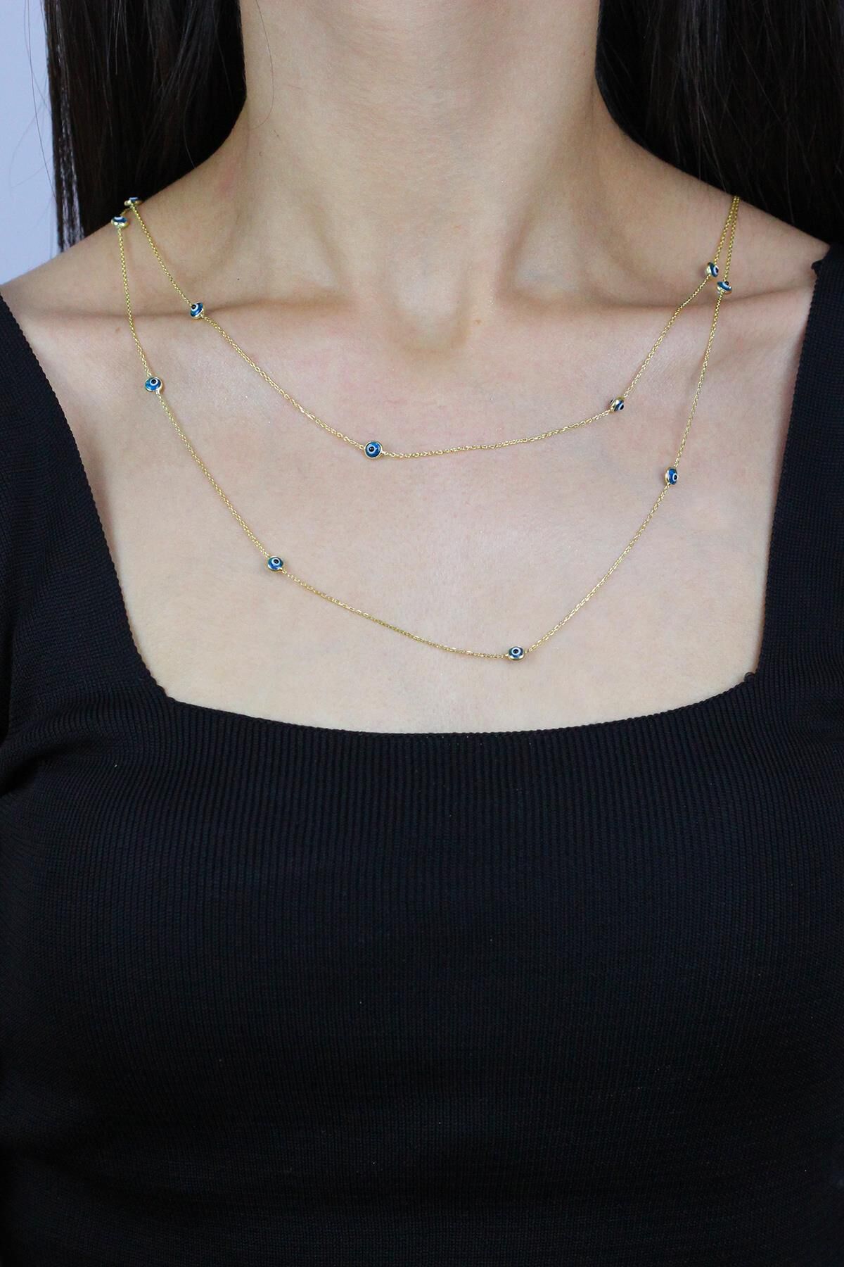 Nazar Boncuklu 115 cm Altın Yaldızlı Gümüş Kolye 7254