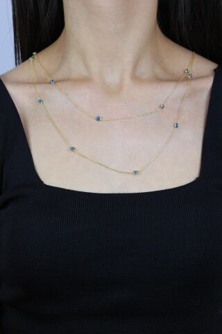 Nazar Boncuklu 115 cm Altın Yaldızlı Gümüş Kolye 7254