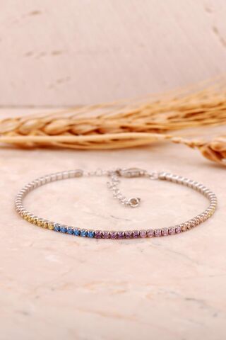 Su Yolu 2 Mm Renkli Taşlı Rodyumlu Gümüş Bileklik 4484