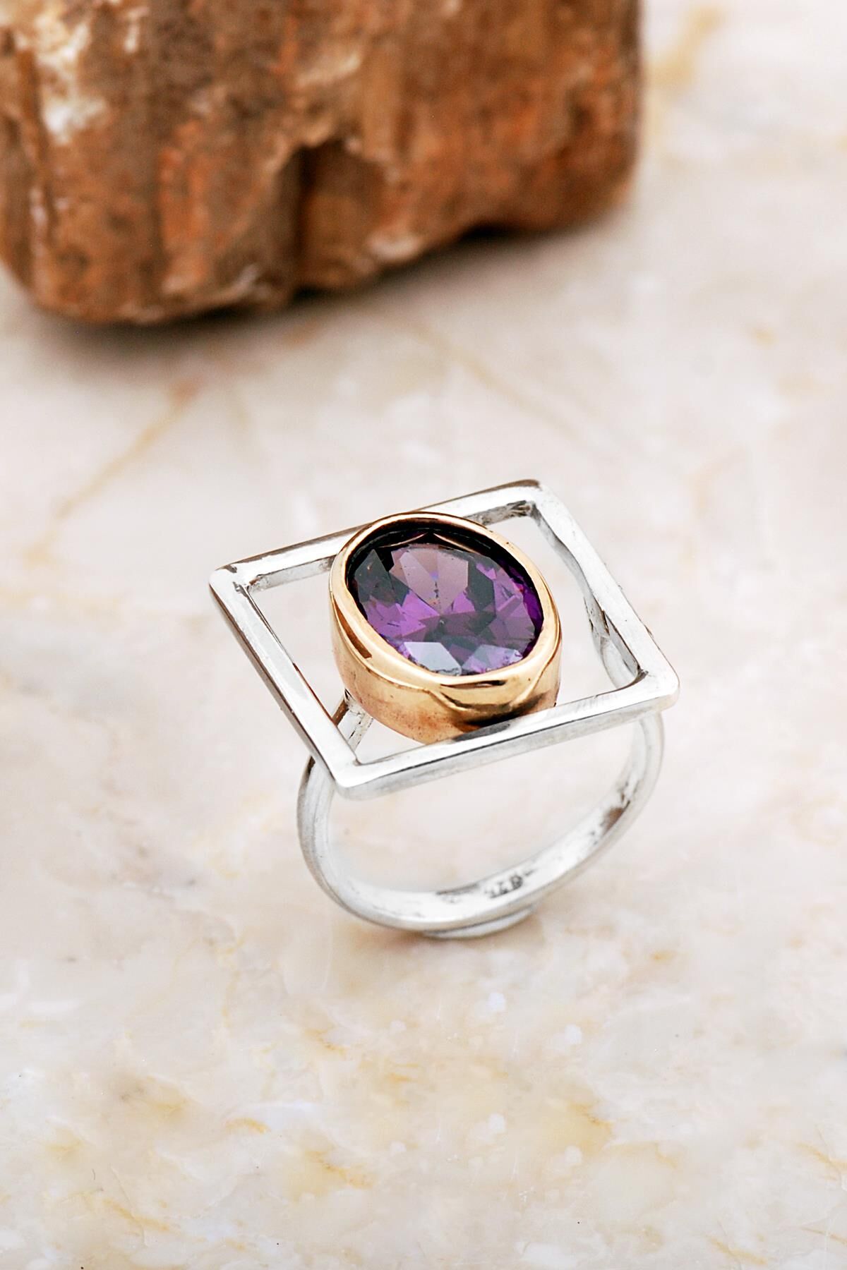 Ametist Taşlı Tasarım Kare Gümüş Yüzük 5861