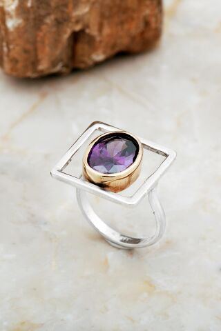 Ametist Taşlı Tasarım Kare Gümüş Yüzük 5861