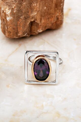 Ametist Taşlı Tasarım Kare Gümüş Yüzük 5861