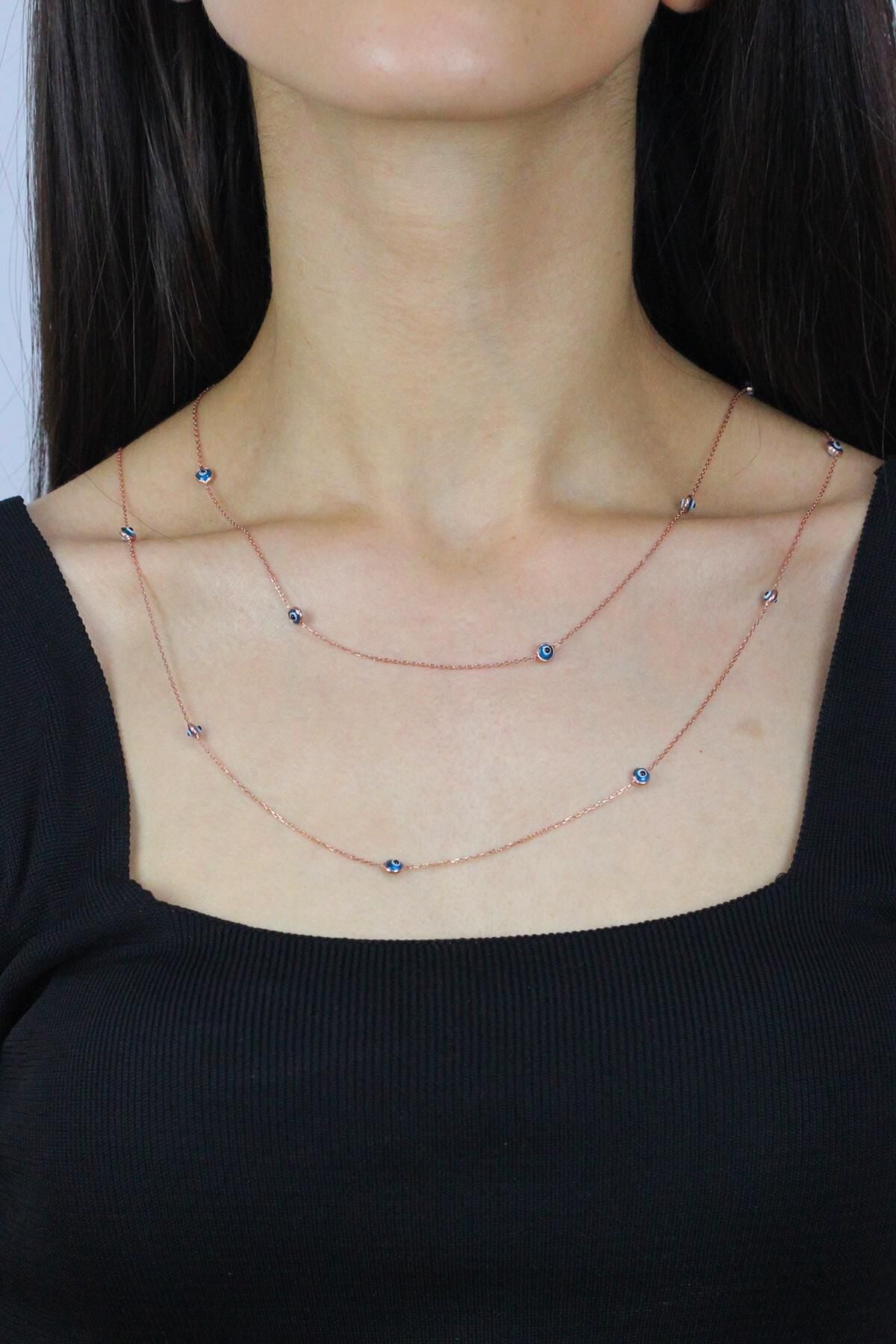 Nazar Boncuklu 113 cm Rose Gümüş Kolye 7255