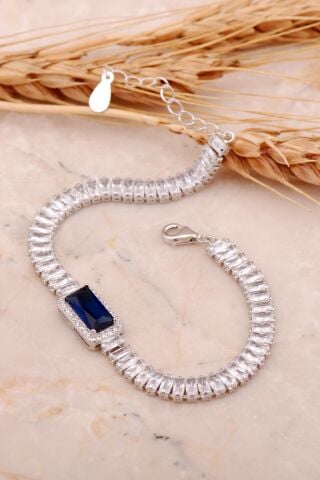 Safir Taşlı Baget Rodyumlu Gümüş Bileklik 4485