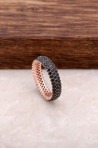 Tamtur Üç Sıra Siyah Taşlı Rose Gümüş Yüzük 1095