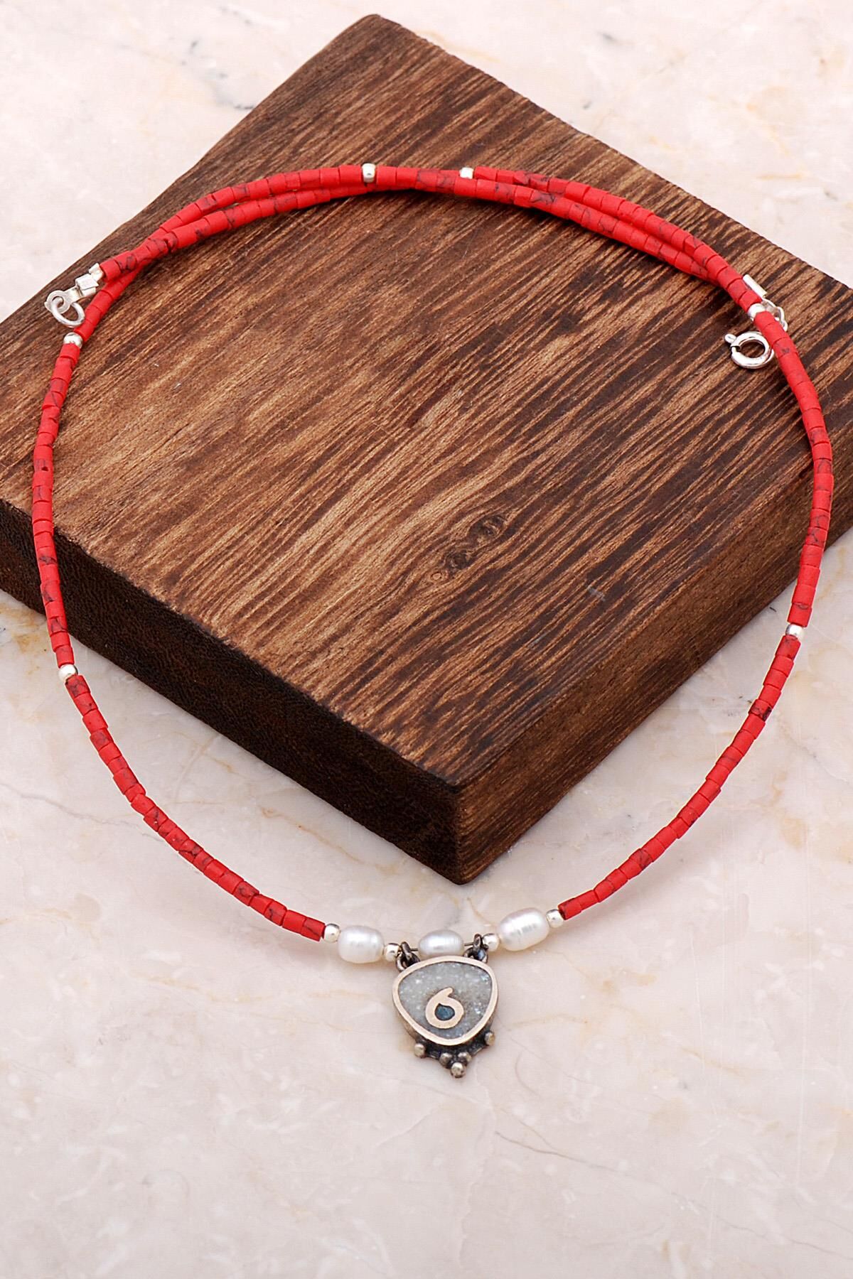 Doğal Taşlı Mozaik İşlemeli Gümüş Kolye 6824