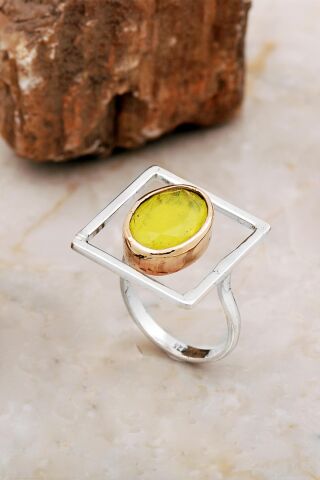 Sarı Paraiba Taşlı Tasarım Kare Gümüş Yüzük 5862