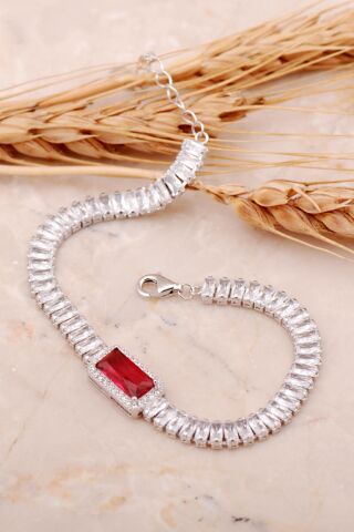 Yakut Taşlı Baget Rodyumlu Gümüş Bileklik 4486