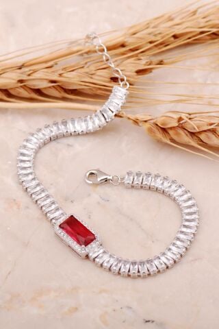 Yakut Taşlı Baget Rodyumlu Gümüş Bileklik 4486