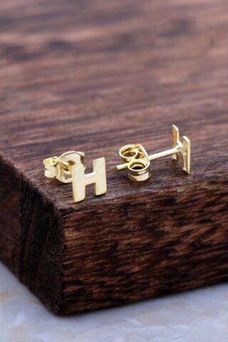 H Harfi Altın Kaplama Gümüş Küpe 5965