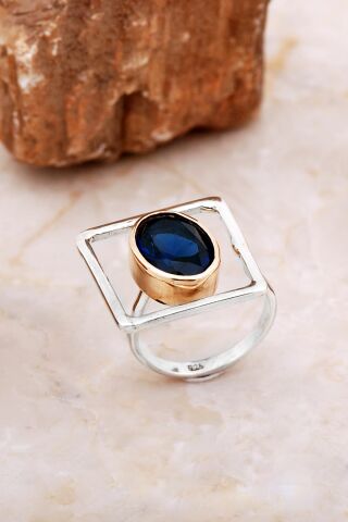 Safir Taşlı Tasarım Kare Gümüş Yüzük 5863