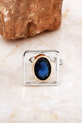 Safir Taşlı Tasarım Kare Gümüş Yüzük 5863