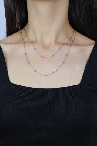 Turkuaz Taşlı 92 cm Rose Gümüş Kolye 7257