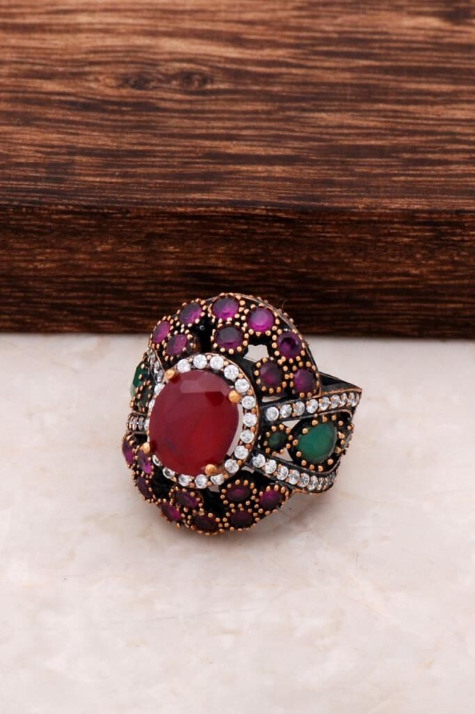 Doğal Taşlı Gümüş Otantik Yüzük 28