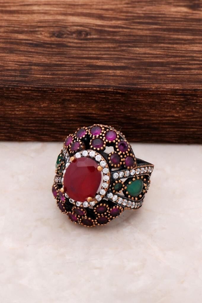 Doğal Taşlı Gümüş Otantik Yüzük 28