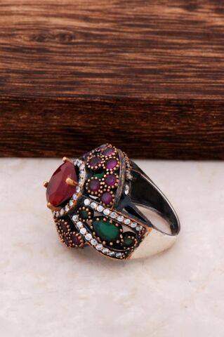 Doğal Taşlı Gümüş Otantik Yüzük 28