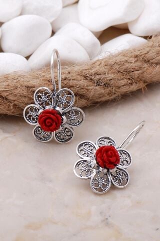 Mercan Taşlı Çiçekli Telkari Elişi Gümüş Küpe 5785