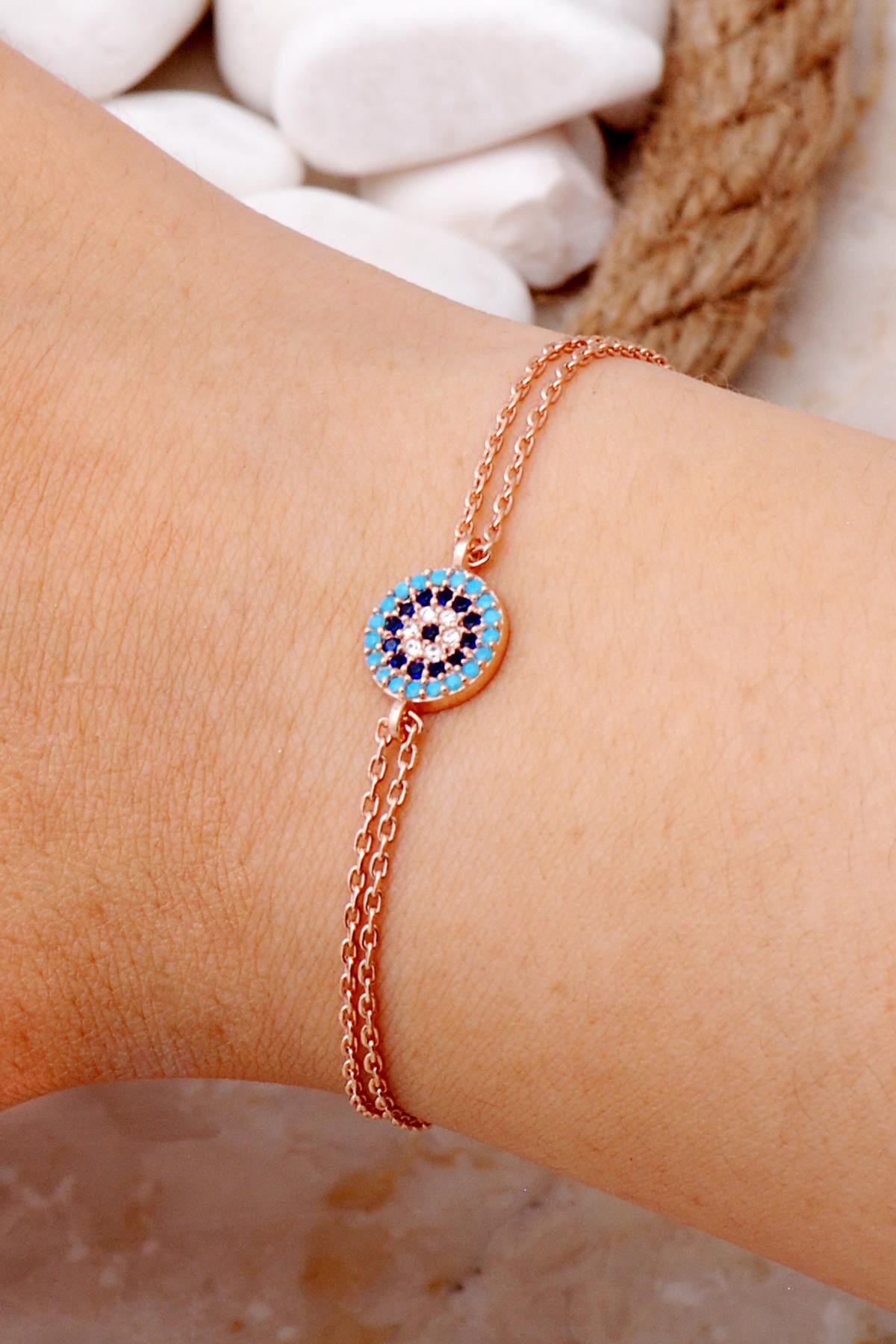 Turkuaz Nazar Boncuklu Rose Gümüş Bileklik 3307
