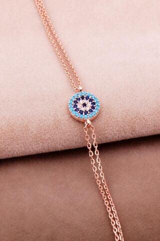Turkuaz Nazar Boncuklu Rose Gümüş Bileklik 3307