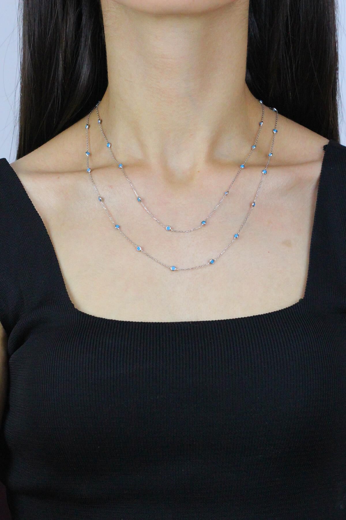 Turkuaz Taşlı 92 cm Rodyumlu Gümüş Kolye 7258