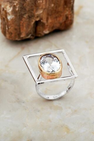Kuvars Taşlı Tasarım Kare Gümüş Yüzük 5865