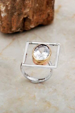 Kuvars Taşlı Tasarım Kare Gümüş Yüzük 5865