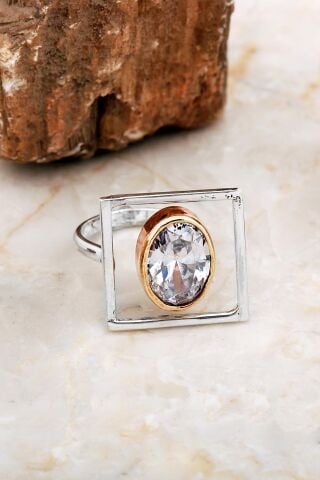 Kuvars Taşlı Tasarım Kare Gümüş Yüzük 5865