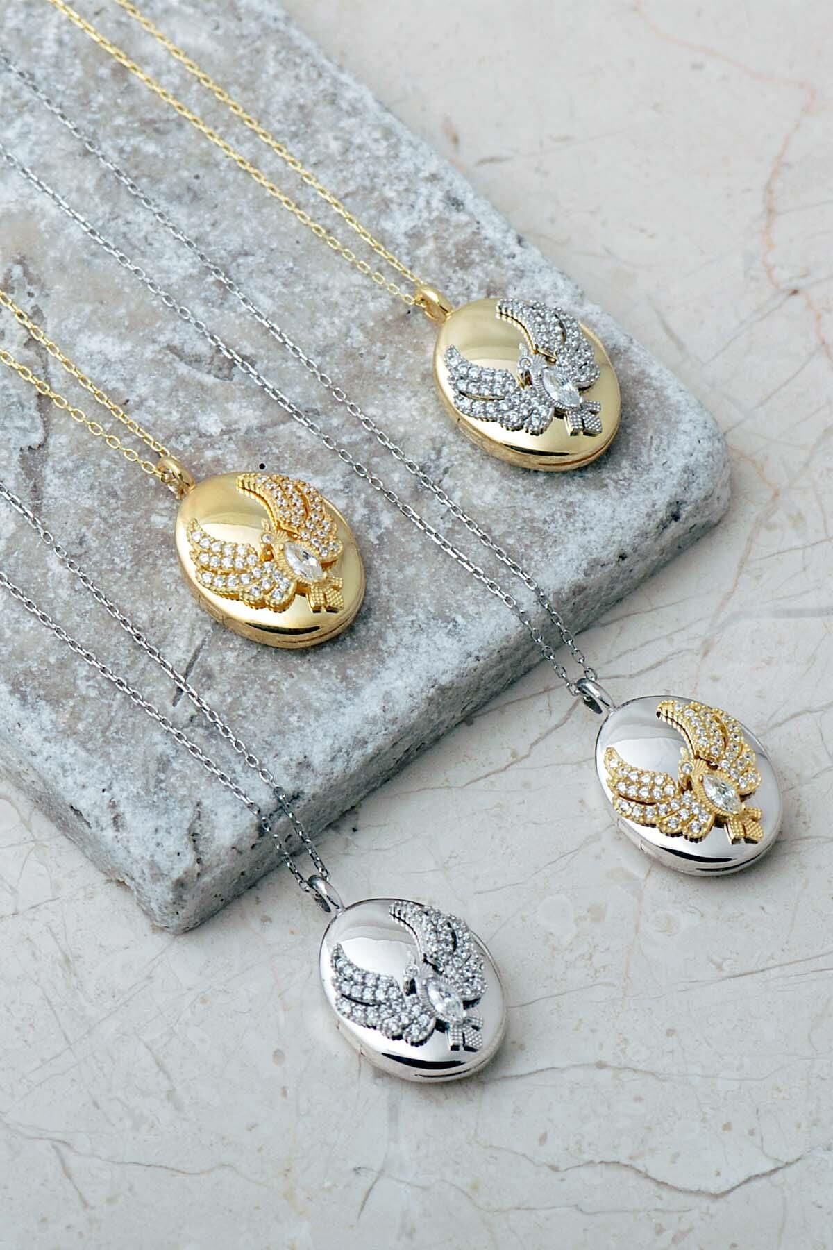 925 Ayar Gümüş Taşlı Anka Kuşu Kapaklı Açılır Kapanır Fotoğraflık Madalyon Kolye 8086