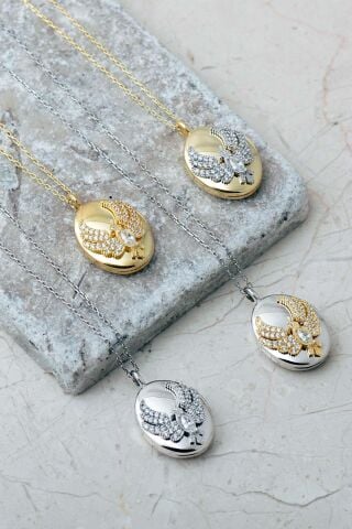 925 Ayar Gümüş Taşlı Anka Kuşu Kapaklı Açılır Kapanır Fotoğraflık Madalyon Kolye 8086