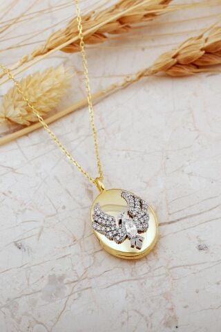 925 Ayar Gümüş Taşlı Anka Kuşu Kapaklı Açılır Kapanır Fotoğraflık Madalyon Kolye 8086