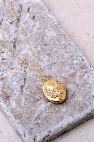 925 Ayar Gümüş Taşlı Anka Kuşu Kapaklı Açılır Kapanır Fotoğraflık Madalyon Kolye 8086