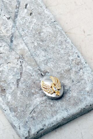 925 Ayar Gümüş Taşlı Anka Kuşu Kapaklı Açılır Kapanır Fotoğraflık Madalyon Kolye 8086