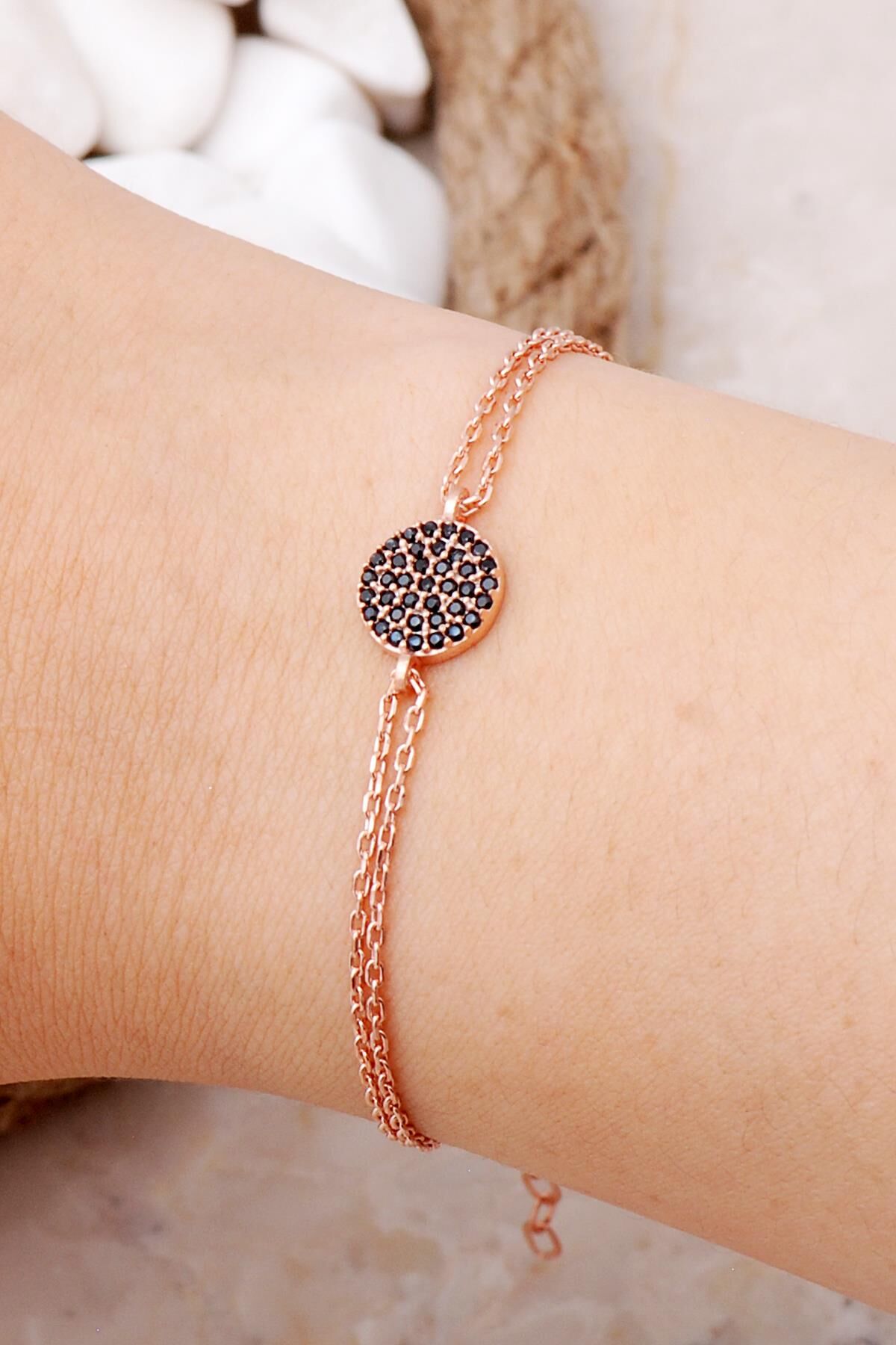 Rose Gümüş Siyah Taşlı Bileklik 3309