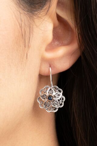 Safir Taşlı Telkari Elişi Gümüş Çiçek Küpe 5786