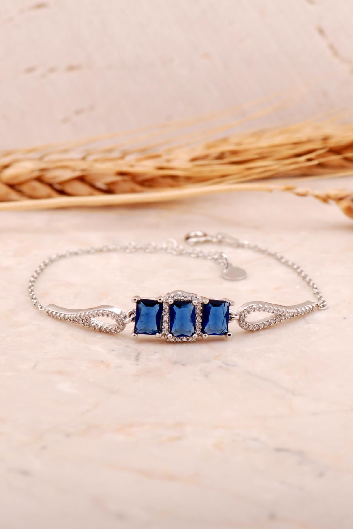 Safir Taşlı Baget Rodyumlu Gümüş Bileklik 4491