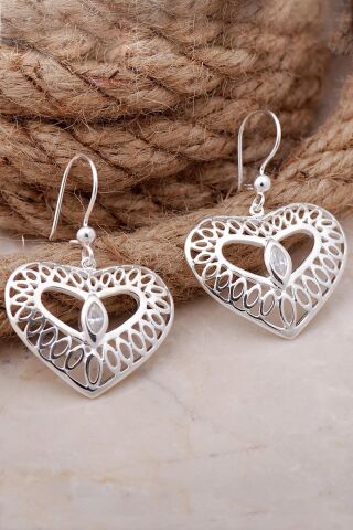 Taşlı Kalp Tasarım Gümüş Küpe 5686