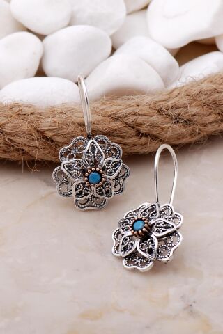 Turkuaz Taşlı Telkari Elişi Gümüş Çiçek Küpe 5786