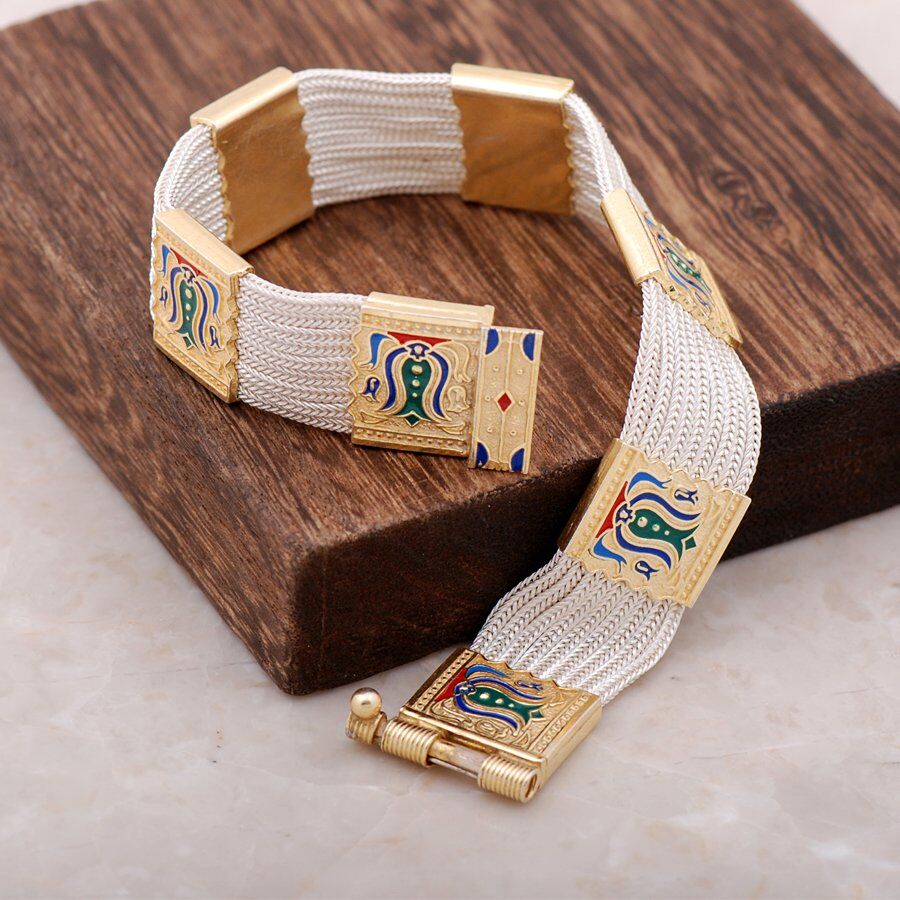 Altın Yaldızlı El Yapımı Laleli Midyat Hasırı Gümüş Bileklik 2337