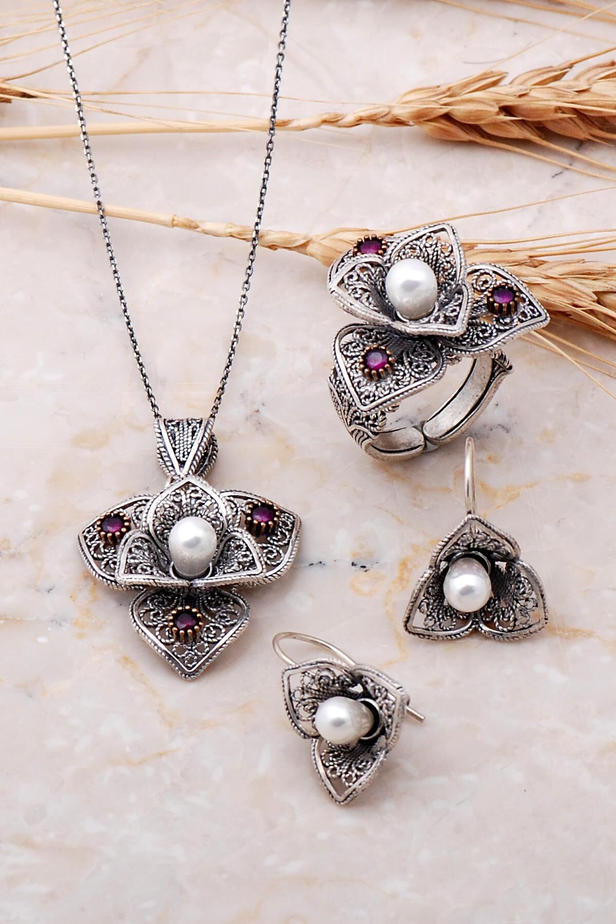 İnci Taşlı Telkari İşleme Açelya Çiçeği Gümüş Set 1880