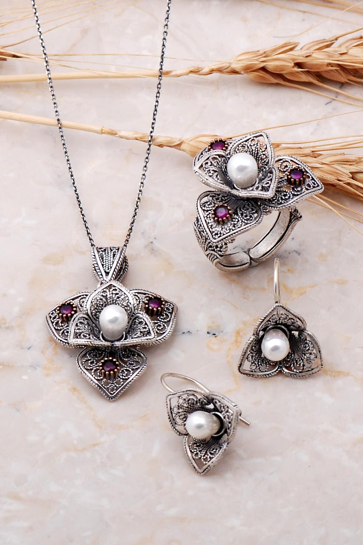 İnci Taşlı Telkari İşleme Açelya Çiçeği Gümüş Set 1880
