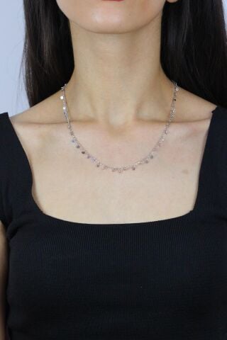 Pullu Rodyumlu Gümüş Choker Kolye 7263