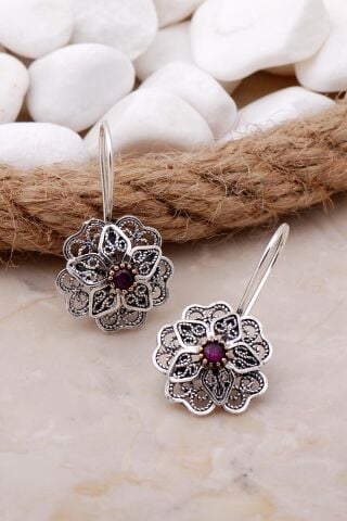 Yakut Taşlı Telkari Elişi Gümüş Çiçek Küpe 5786