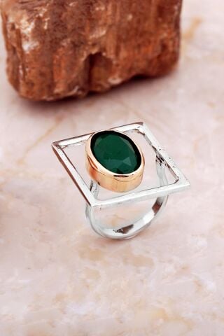 Kök Zümrüt Taşlı Tasarım Kare Gümüş Yüzük 5867