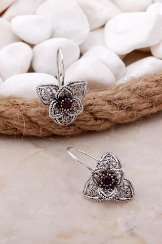 Yakut Taşlı Telkari Açelya Çiçeği Gümüş Küpe 5787