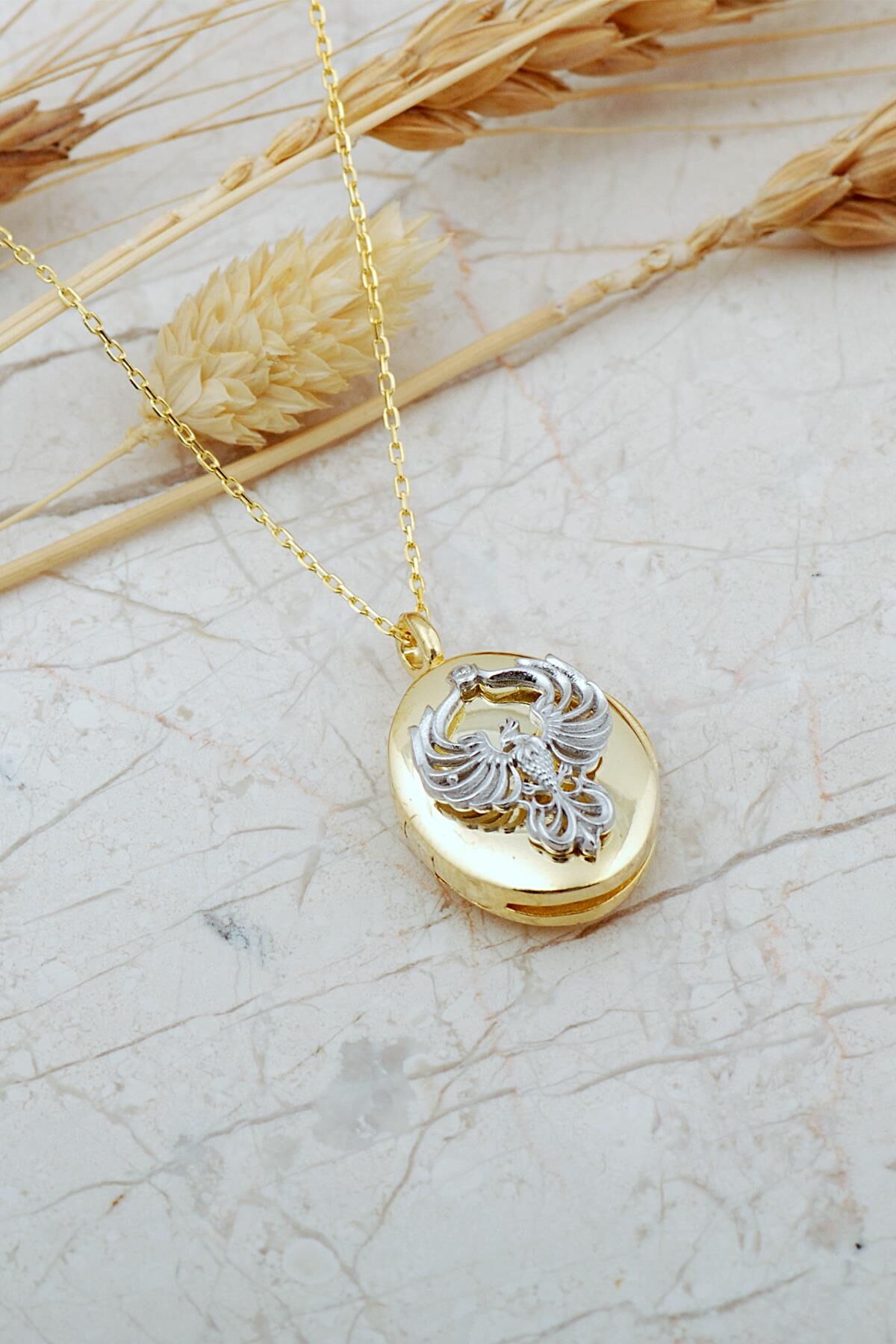 925 Ayar Gümüş Anka Kuşu Kapaklı Açılır Kapanır Fotoğraflık Madalyon Kolye 8085